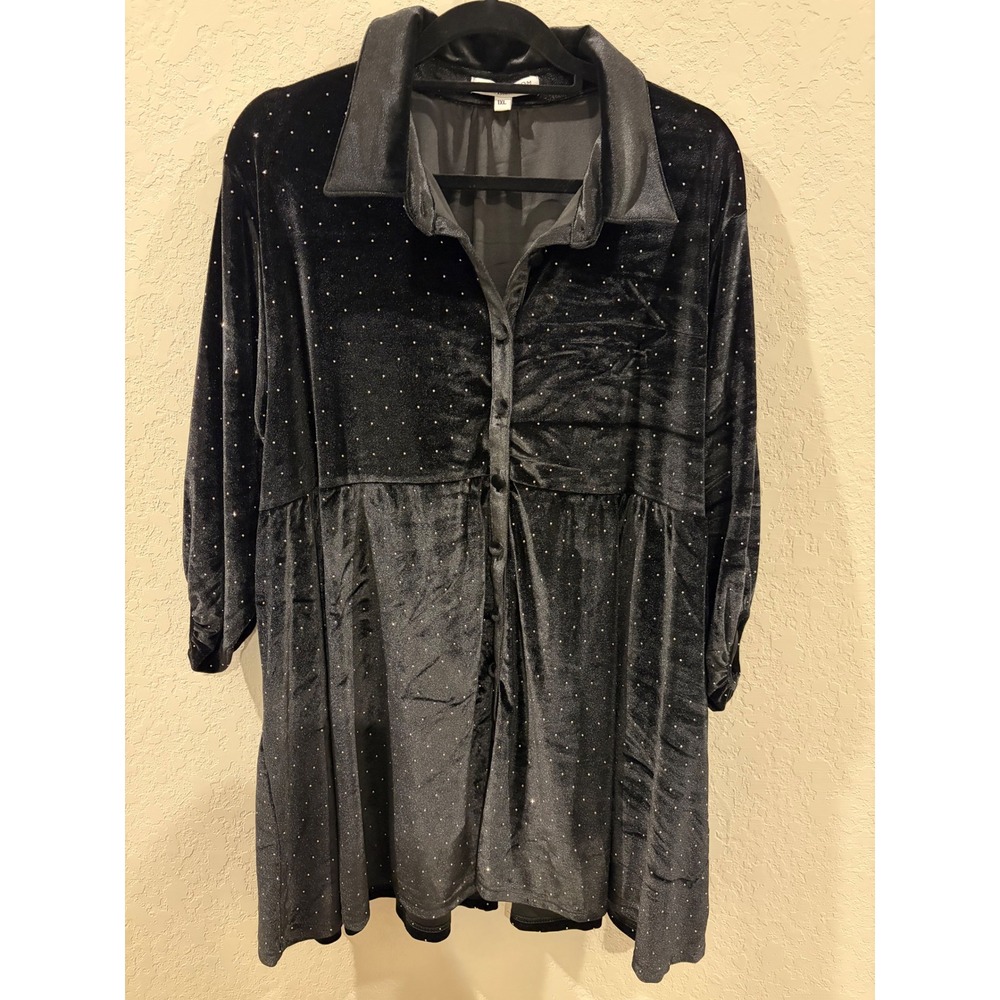 Chic Soul Black Velvet Glitter Polka Dot Babydoll Dress Tunic 1XL Holiday Party